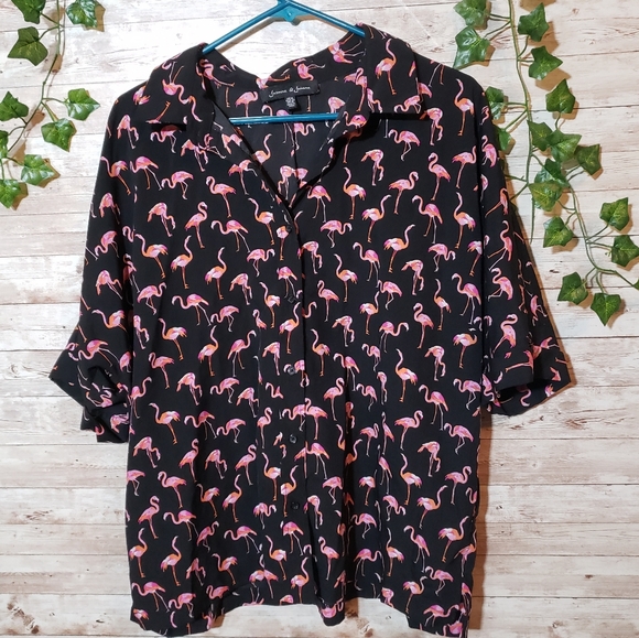 Jasmine & Juliana Tops - Jasmine & Juliana Flamingo Print Button Up Shirt Short Sleeve Collared Black